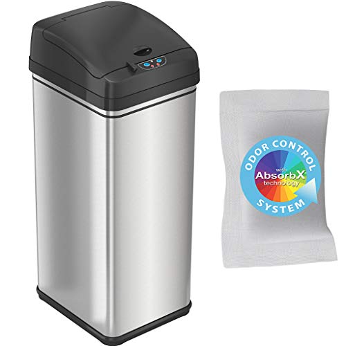 iTouchless 13 Gallon Pet-Proof Sensor Trash Can with AbsorbX Odor Filter Kitchen Garbage Bin Prevents Dogs & Cats Getting in, Battery and AC Adapter (Not Included), Stainless Steel and PetGuard