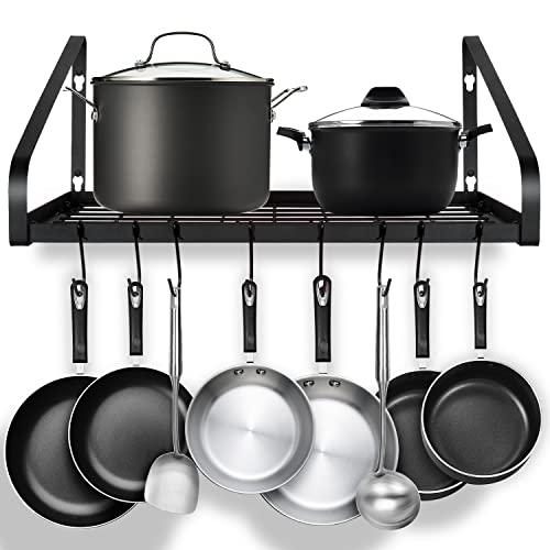 G-TING Hanging Pot Rack, Pot and Pan Organizer Wall Mounted Pots Holder Kitchen Storage Shelf with 8 Hooks, Ideal for Pans Set, Utensils, Cookware, Books, Household, Black, 2 DIY Methods