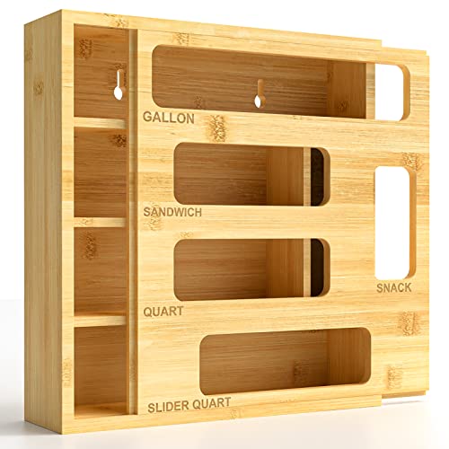 NIKUY Ziplock Bag Storage Organizer for Kitchen Drawer, Bamboo Baggie Organizer, Compatible with Ziploc, Solimo, Glad, Hefty for Gallon, Quart, Sandwich and Snack Variety Size Bag (1 Box 5 Slots)