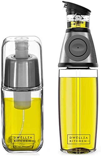 DWËLLZA KITCHEN Olive Oil Dispenser Bottle for Kitchen and Olive Oil Sprayer for Cooking Set – Olive Oil Sprayer Mister 6 OZ and Glass Oil Bottle 17 OZ with Measuring Pump Drip-Free Stainless Spout