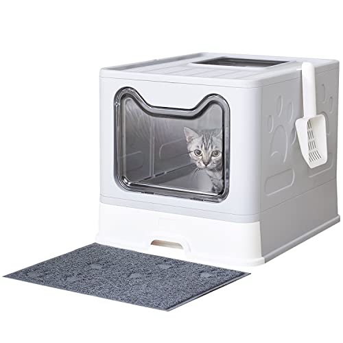 Medario Cat Litter Box, Large Foldable Front Entry Top Exit Litter Box with Lid for Cats, Cat Potty with Cat Litter Scoop and Cat Litter Mat Easy Clean (Grey)