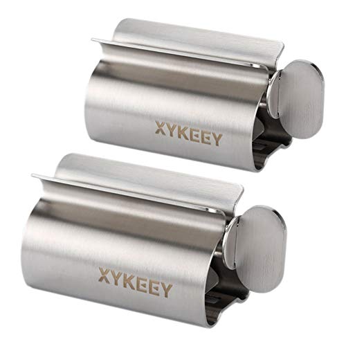 XYKEEY Toothpaste Tube Squeezer - Set of 2 Toothpaste Squeezer Rollers, Metal Toothpaste Tube Wringer Seat Holder Stand (Stainless Steel)