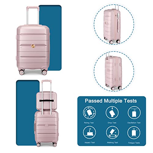 Somago 20IN Carry On Luggage and 14IN Mini Cosmetic Cases Travel Set Hardside Luggage with Spinner Wheels Lightweight Polypropylene Suitcase with TSA Lock (2-Piece Set (14/20), Nude Pink)