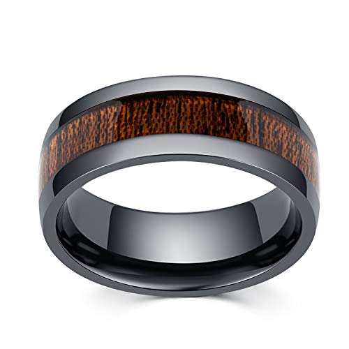 LerchPhi Mens 8mm Black Zirconium Ring Wedding Band with Koa Wood Inlay Promise Ring for Him Comfort Fit