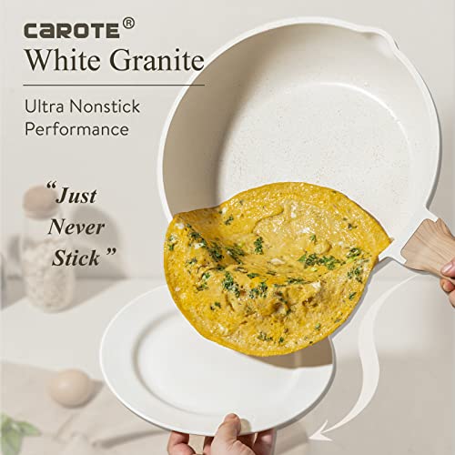 CAROTE Pots and Pans Set Nonstick, White Granite Induction Kitchen Cookware Sets, 10 Pcs Non Stick Cooking Set w/ Frying Pans & Saucepans(PFOS , PFOA Free)