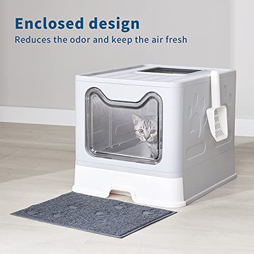 Medario Cat Litter Box, Large Foldable Front Entry Top Exit Litter Box with Lid for Cats, Cat Potty with Cat Litter Scoop and Cat Litter Mat Easy Clean (Grey)