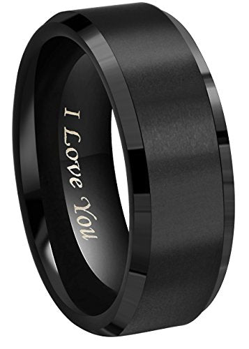 Crownal 8mm 6mm 4mm Black Tungsten Wedding Couple Bands Rings Men Women Matte Brushed Finish Center Engraved"I Love You" Size 4 To 17 (8mm,11)