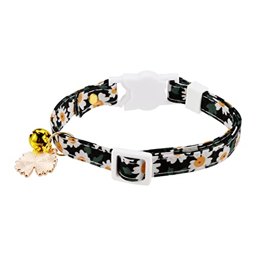 Anbeer Breakaway Cat Collar with Bells and Daisy Pendant Safety Kitten Collar Soft Adjustable Pet Collar for Boys and Girls Cats (Black)