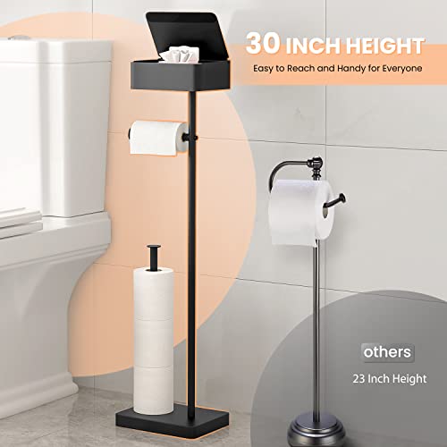 ALLZONE 3 in 1 Toilet Paper Holder Stand,Solid Free Standing Toilet Paper Holder with Shelf, Bathroom Toilet Paper Holder with Storage for 4 Rolls, Matte Black Toilet Paper Roll Holder for Tissue