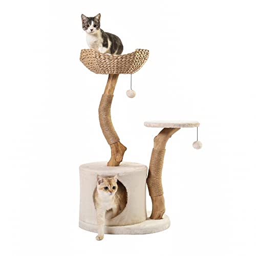 KONELCARE Modern Luxury Cat Tree for Indoor Small Cats - Real Wood Cat Tower with Scratch Post, Hanging Toy - Tree Branch Cat Condo - Cat Climbing Furniture with Cat Hiding Enclosure