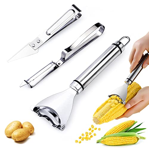 3pc Magic Corn Peeler Set Corn Cob Stripper Tool Corn Slicer Cob Remover Tool Premium Stainless Steel Corn Thresher with Ergonomic Handle Corn Cutter From the Cob Kitchen Gadget (3)