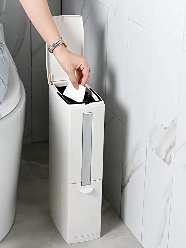 Cq acrylic Slim Plastic Trash Can 1.3 Gallon, Trash can with Toilet Brush Holder, 5 Liter Garbage Can with Press Top Lid, White Rectangular Modern Waste Can for Bathroom