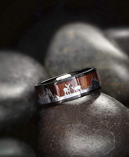Metal Masters Co. Men's Black Tungsten Hunting Ring Wedding Band Wood Inlay Deer Stag Silhouette 11