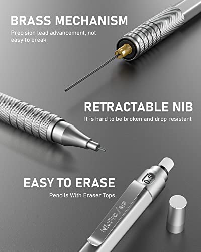 Nicpro 2 PCS Mechanical Pencils 0.5mm & 0.7 mm with Case, Metal Artist Pencil Set with 4 Tubes HB Lead Refills, 2 Erasers, 9 Eraser Refills For Art Writing Drafting, Drawing, Sketch, Silver