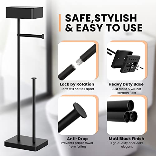 ALLZONE 3 in 1 Toilet Paper Holder Stand,Solid Free Standing Toilet Paper Holder with Shelf, Bathroom Toilet Paper Holder with Storage for 4 Rolls, Matte Black Toilet Paper Roll Holder for Tissue