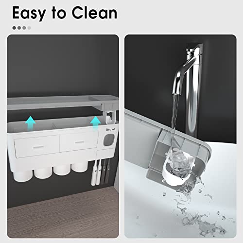 iHave Toothbrush Holders for Bathrooms, 4 Cups Toothbrush Holder Wall Mounted with Toothpaste Dispenser, Large Capacity Tray, 2 Cosmetic Drawer and 7 Brush Slots with Cover Tooth Brush Holder