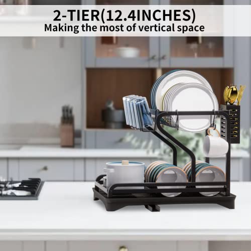 Dish Drying Rack,2-Tier Dish Racks for Kitchen Counter with Drainboard ,Multifunctional Dish Drainer Set with Utensils Holder and Glasses Holder, Stable Dish Strainers with Extra Drying Mat (Black)