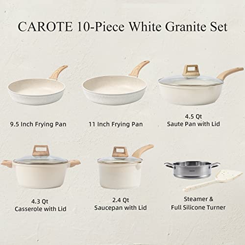CAROTE Pots and Pans Set Nonstick, White Granite Induction Kitchen Cookware Sets, 10 Pcs Non Stick Cooking Set w/ Frying Pans & Saucepans(PFOS , PFOA Free)