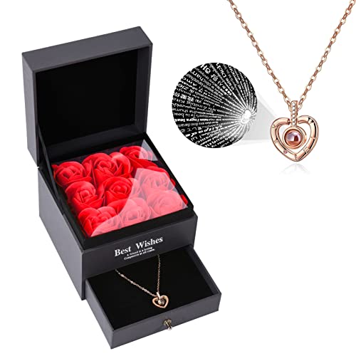 Czkonore Gifts for Women Preserved Red Real Rose with I Love You Necklace in 100 Languages, Enchanted Rose Flower Gifts for Mom Wife Girlfriend Her on Mothers Day Anniversary Christmas