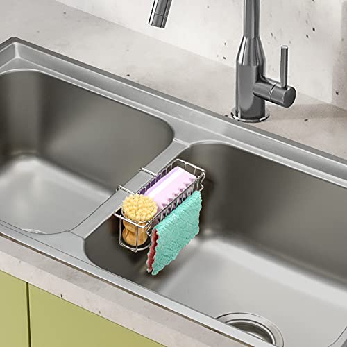 3-in-1 Sponge Holder for Kitchen Sink, Movable Sponge Holder + Brush Holder + Dish Cloth Hanger, Hanging Sink Caddy, Small in Sink Organizer Accessories Rack Basket, 304 Stainless Steel, Never Rust