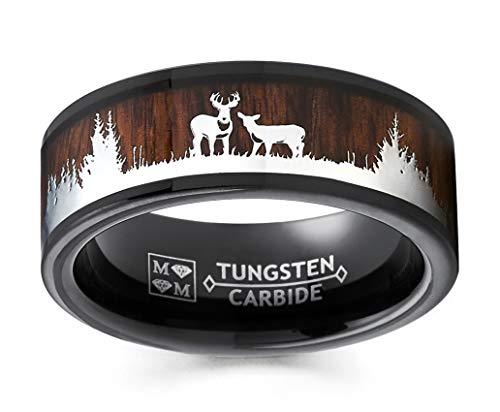 Metal Masters Co. Men's Black Tungsten Hunting Ring Wedding Band Wood Inlay Deer Stag Silhouette 11