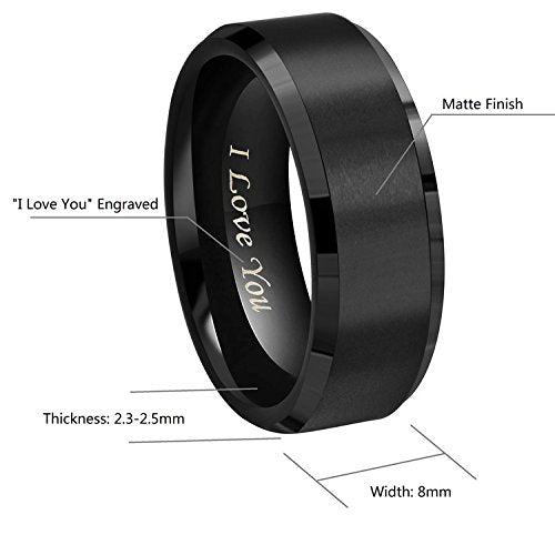 Crownal 8mm 6mm 4mm Black Tungsten Wedding Couple Bands Rings Men Women Matte Brushed Finish Center Engraved"I Love You" Size 4 To 17 (8mm,11)