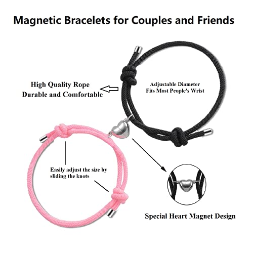 Dlihc 2pcs Couples Bracelets Heart Magnet, Heart Magnetic Bracelets for Couples, Black and Pink Matching Heart Magnet Bracelets for Best Friend, Magnetic Couples Bracelets for Boyfriend and Girlfriend