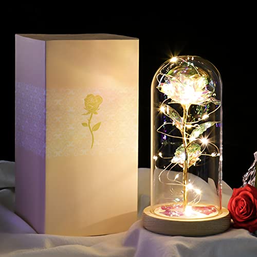 Beferr Valentines Day Gifts for Her Galaxy Rose Glass Crystal Flower Gift in Glass Dome with Light Valentine Roses Ideas Birthday Gifts for Women Mom Daughters Wife Sister Girlfriend