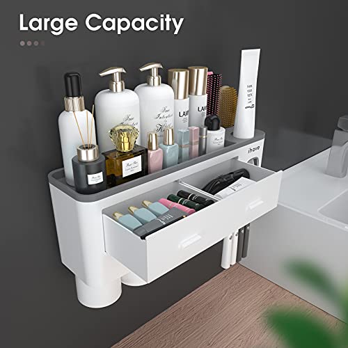 iHave Toothbrush Holders for Bathrooms, 4 Cups Toothbrush Holder Wall Mounted with Toothpaste Dispenser, Large Capacity Tray, 2 Cosmetic Drawer and 7 Brush Slots with Cover Tooth Brush Holder