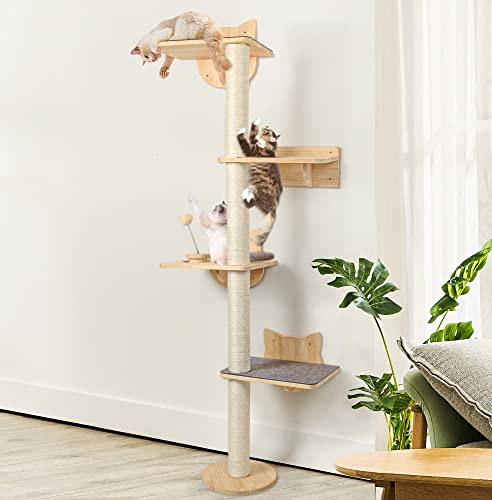 4 Tier 63 Inch Tall Wall Mounted Cat Furniture with 2pcs Non-Slip Carpet, Sisal Scratching Post and Cat Shelves Perch with Wood Track Toy Ball, Cat Climbing Tree Tower for Indoor Middle Large Kitten