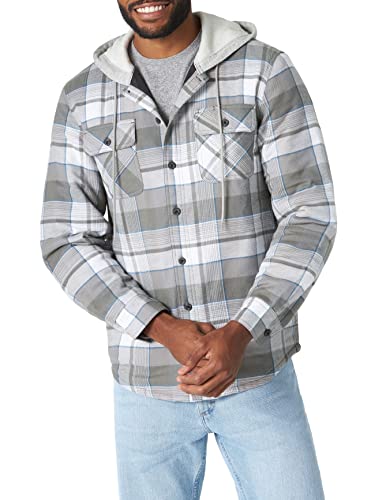 Wrangler Authentics Men's Long Sleeve Quilted Lined Flannel Shirt Jacket with Hood, Gray, Medium