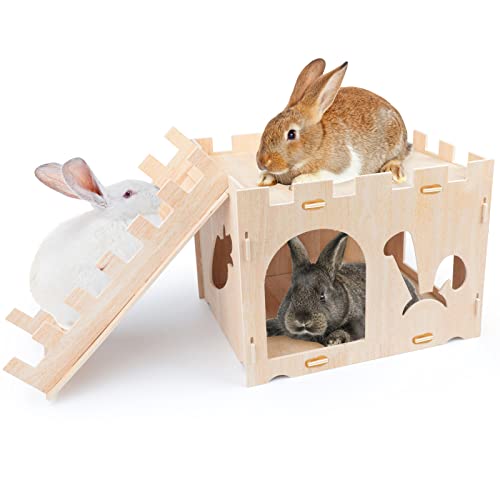 BWOGUE Extra Large Wooden Rabbit Castle Bunny House and Hideouts Detachable Small Animal Play Hideaway Hut for Indoor Adult Rabbit Guinea Pig Chinchilla Habitat