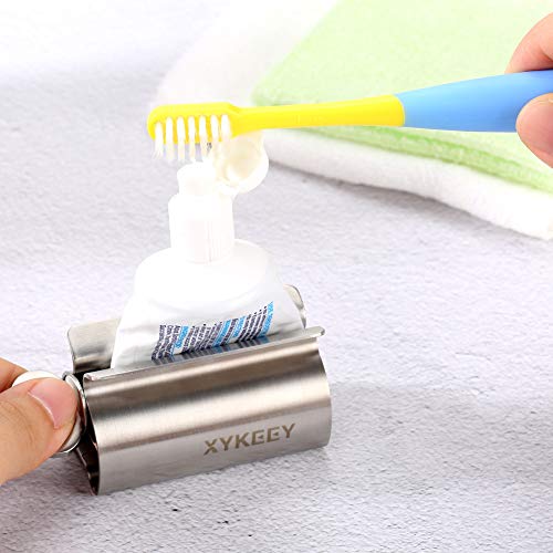 XYKEEY Toothpaste Tube Squeezer - Set of 2 Toothpaste Squeezer Rollers, Metal Toothpaste Tube Wringer Seat Holder Stand (Stainless Steel)