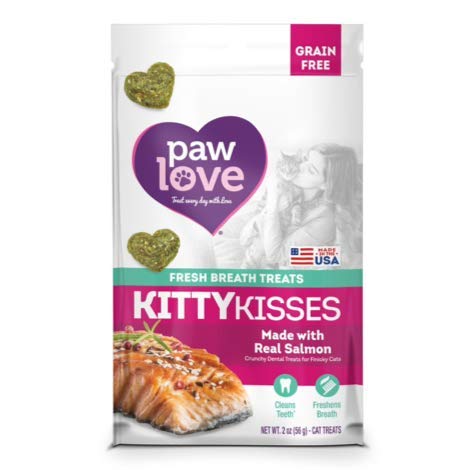 PawLove Salmon Kitty Kisses Cat Dental Treats | Grain Free, Real Ingredients, Made in The USA, Healthy, Fresh Breath Cat Treats | 2 Ounces