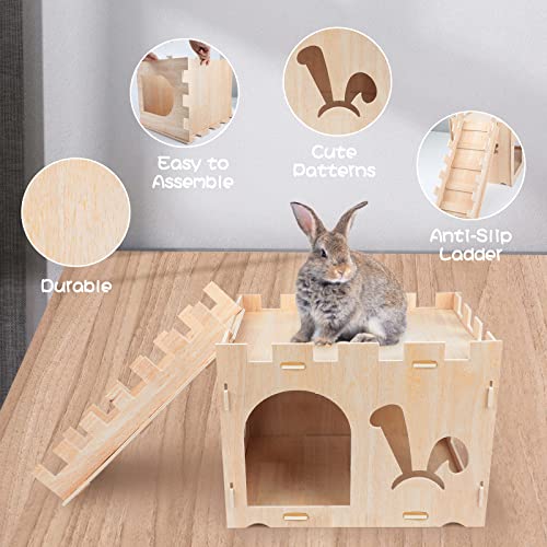 BWOGUE Extra Large Wooden Rabbit Castle Bunny House and Hideouts Detachable Small Animal Play Hideaway Hut for Indoor Adult Rabbit Guinea Pig Chinchilla Habitat