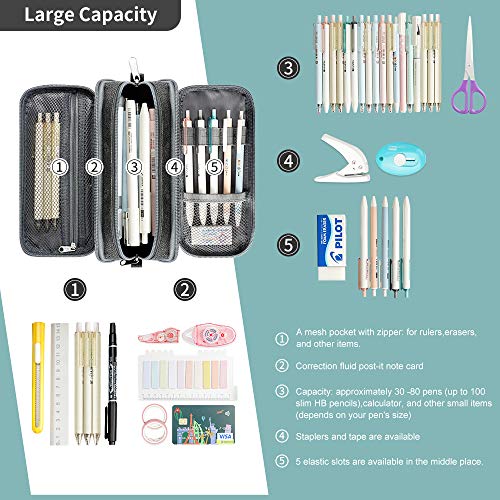 Large Pencil Case Big Capacity Pencil Bag Large Storage Pouch 3 Compartments Desk Organizer Marker Pen Case Simple Stationery Bag Pencil Holder (Gray)