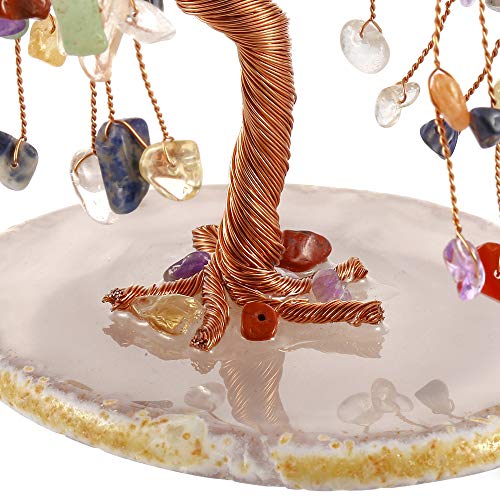 JOVIVI Natural 7 Chakra Healing Crystals Quartz Tree Tumbled Gemstone Stones Money Tree, Geode Agate Slices Base Feng Shui Ornaments Home Decoration for Wealth and Luck 5.5"-6.3"