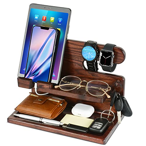 Wood Phone Docking Station, Gifts for Father, Nightstand Organizer, Husband Birthday Gifts, Phone Docking Station for Men Wood Nightstand Organizer (Brown)