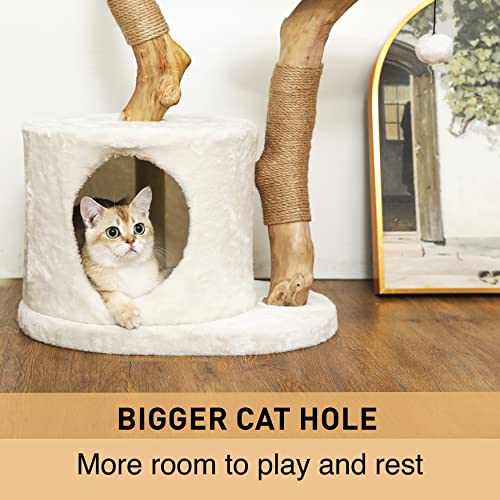 KONELCARE Modern Luxury Cat Tree for Indoor Small Cats - Real Wood Cat Tower with Scratch Post, Hanging Toy - Tree Branch Cat Condo - Cat Climbing Furniture with Cat Hiding Enclosure