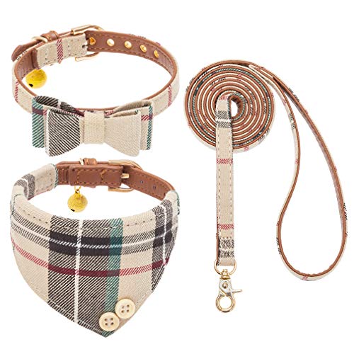EXPAWLORER Dog Collar and Leash Set - Classic Plaid Dog Bow Tie and Dog Bandana Collar with Bell, Tangle Free Dog Leash, Adjustable Collars for Small Medium Large Dogs Cats, Holiday Ideal Gift