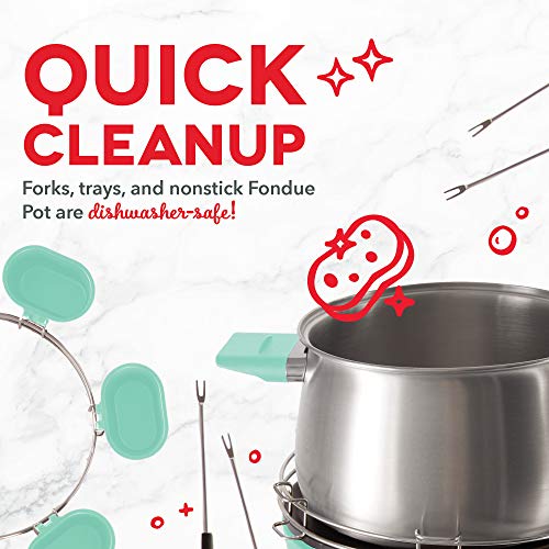 Dash Deluxe Stainless Steel Fondue Maker with Temperature Control, Fondue Forks, Cups, and Rack, with Recipe Guide Included, 3-Quart, Non-Stick – Aqua