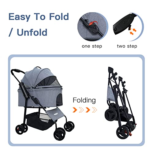 Pet Stroller 4 Wheels Dog Stroller by YOUMI, Zipless Pet Gear with Cup Holder & Safety Belt for S/M Dogs On The Trip, Pet Rover with Storage Basket (Deep Grey)