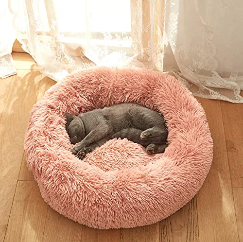 Geizire 24 inch Cat Bed Dog Bed for Cats, Small/Medium Dogs, Washable Donut Calming Round,Soft Fluffy Warm and Cozy Anti Anxiety Cuddler, Joint-Relief Pet Bed(24'',Grey) (Large, Pink)