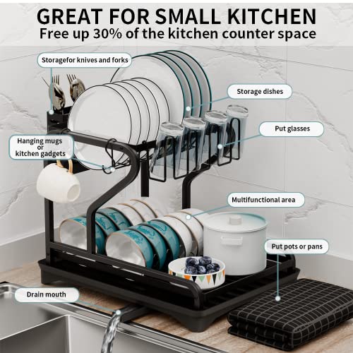 Dish Drying Rack,2-Tier Dish Racks for Kitchen Counter with Drainboard ,Multifunctional Dish Drainer Set with Utensils Holder and Glasses Holder, Stable Dish Strainers with Extra Drying Mat (Black)