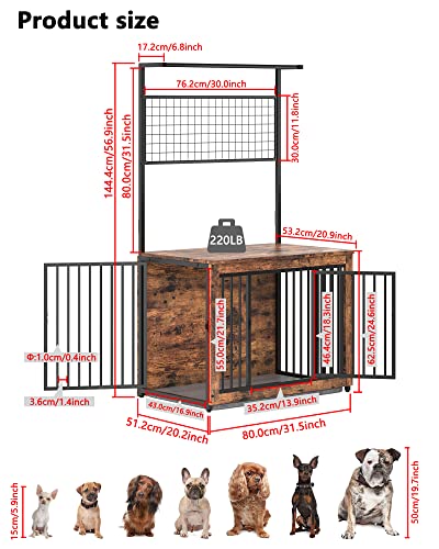 Fourfurpets 3 in 1 Furniture Style Dog Crates with Hallway Rack, Side Table, Double Door, Three Sides Ventilation, Heavy Duty Dog Cage, High Resilience Dog Pad Bottom, Rustic Brown