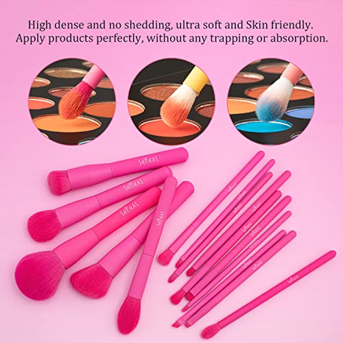 Makeup Brush Set, 15 Piece Quality Makeup Brushes, Premium Synthetic Make Up Brushes for Foundation Powder Blush Highlighter Concealer Makeup Brush Kit for Travel, Hot Pink