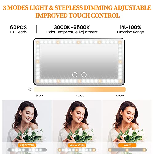 Car Sun Visor Vanity Mirror, Makeup Mirror with 3 Light Modes & 60 LEDs, Rechargeable Led Light Car Mirror with Dimmable Touch Screen, Rear View Sun-Shading Travel Cosmetic Mirror for Car Truck SUV
