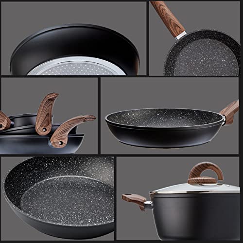 Vkoocy Nonstick Kitchen Cookware Set, 6 Pcs Pots Pans Set with Frying Pans, Dishwasher Safe, Essetial Woody, Black