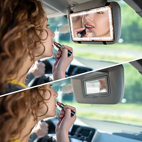 Car Sun Visor Vanity Mirror, Makeup Mirror with 3 Light Modes & 60 LEDs, Rechargeable Led Light Car Mirror with Dimmable Touch Screen, Rear View Sun-Shading Travel Cosmetic Mirror for Car Truck SUV