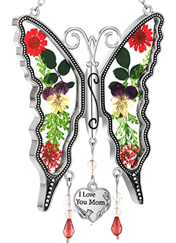 Butterfly Sun-Catchers Gifts for Mother, Pressed Flower Between Wings Glass for Window, Silver Metal Engraved Charm, as Mother's Valentine's Day Day Mom Birthday Gifts (I Love You Mom)